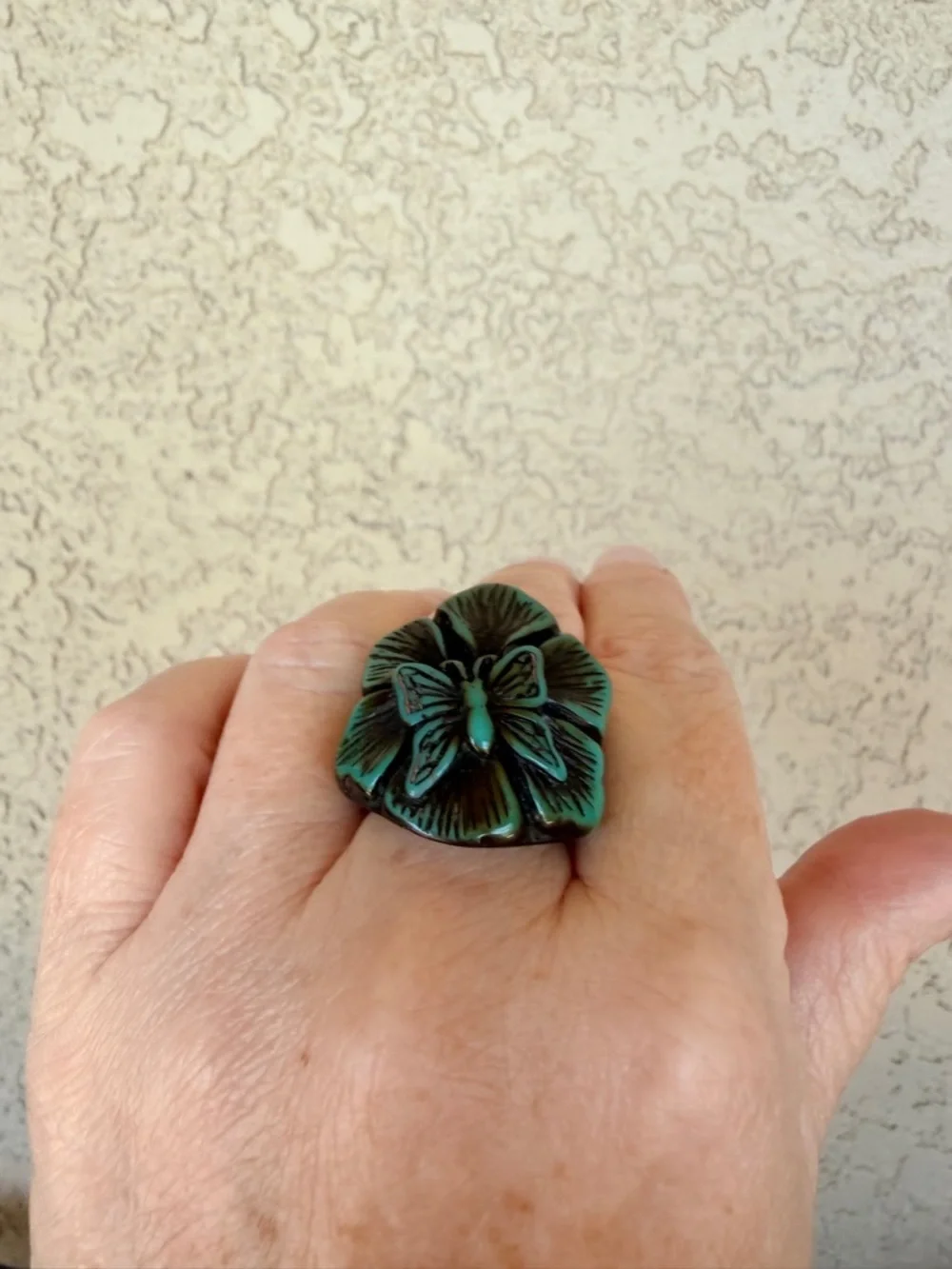 Chunky Acrylic Green Floral Butterfly Statement Ring